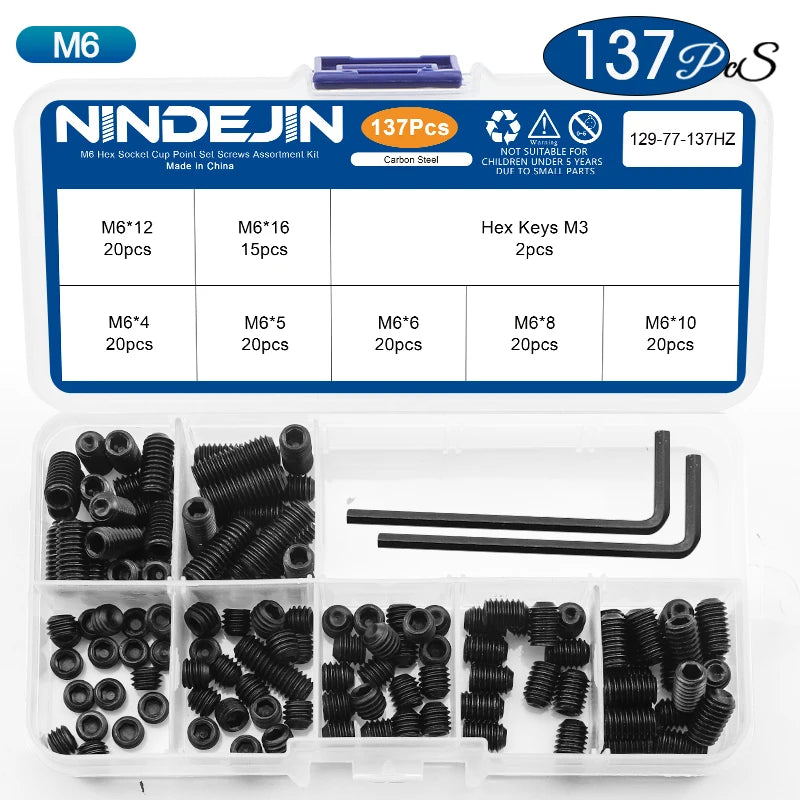 NINDEJIN Hex Socket Cup Point Set Screw M2 M2.5 M3 M4 M5 M6 M8 12.9 Carbon Steel Headless Allen Head Grub Screw Assortment Kit
