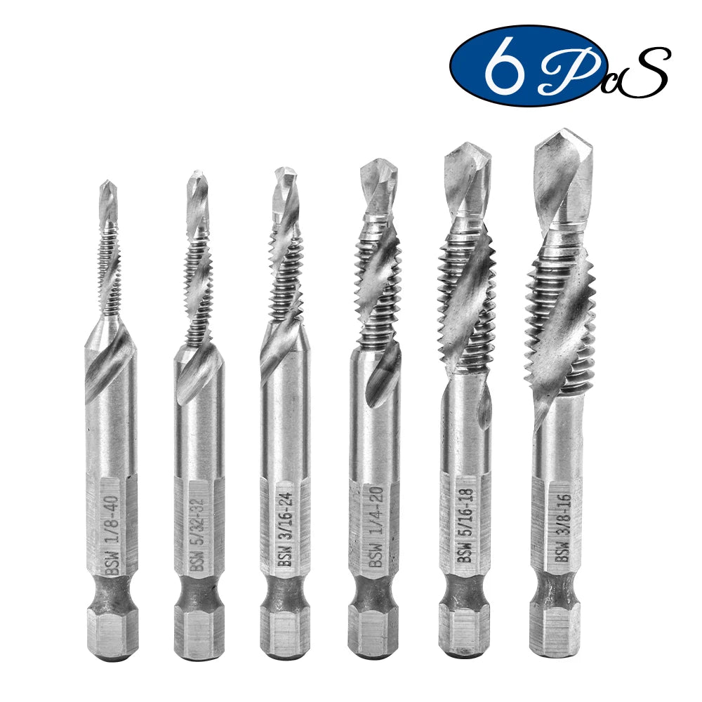 NINDEJIN 6pcs/set BSW thread screw tap drill bits set 1/8'' 5/32" 3/16" 1/4" hex shank hss tap drill bits set for metal wood - KiwisLove