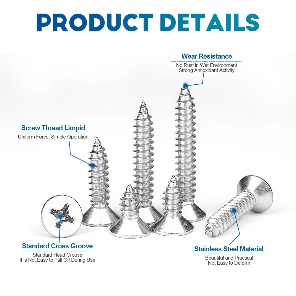 10-50pcs/pack M1.2 M1.4 M1.7 M2 M2.6 Small Screws Stainless Steel M3 M4 M5 M6 Cross Flat Head Self Tapping CSK Furniture Screw