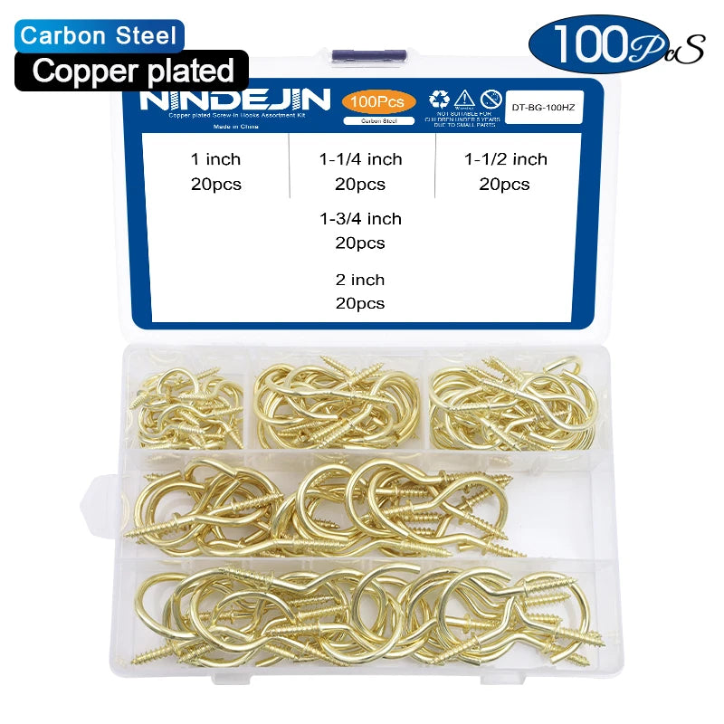 NINDEJIN 66/100/320/340pcs Screw Hook Kitchen Cup Ceiling Hook Kit Eye Screw Bend Hook Kit for Wood Wall Hanging