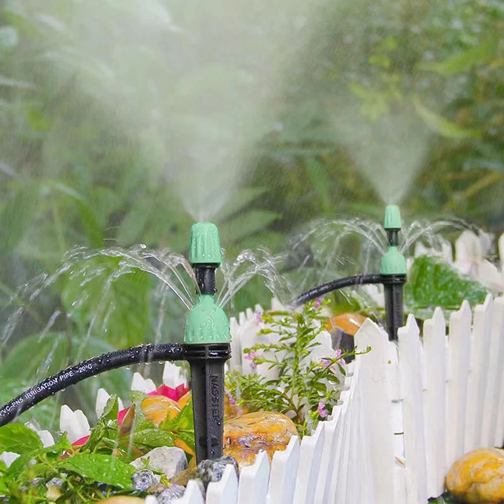 Garden 1/4" 4/7mm 2-IN-1 Drip Misting Nozzle with Stake Adjustable Water Flow Quick Insert Connect Barb Irrigation Fitting Tool