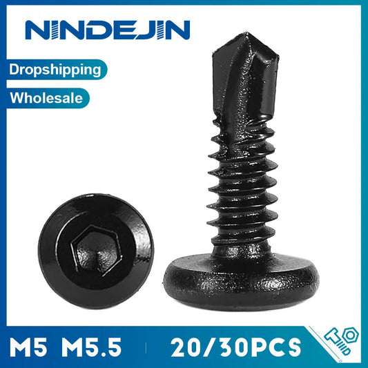 NINDEJIN 20pcs Flat Head Hex Socket Cap Self Drilling Screw Black Zinc 410 M5 M5.5 #12 Self Tapping Sheet Metal Screws