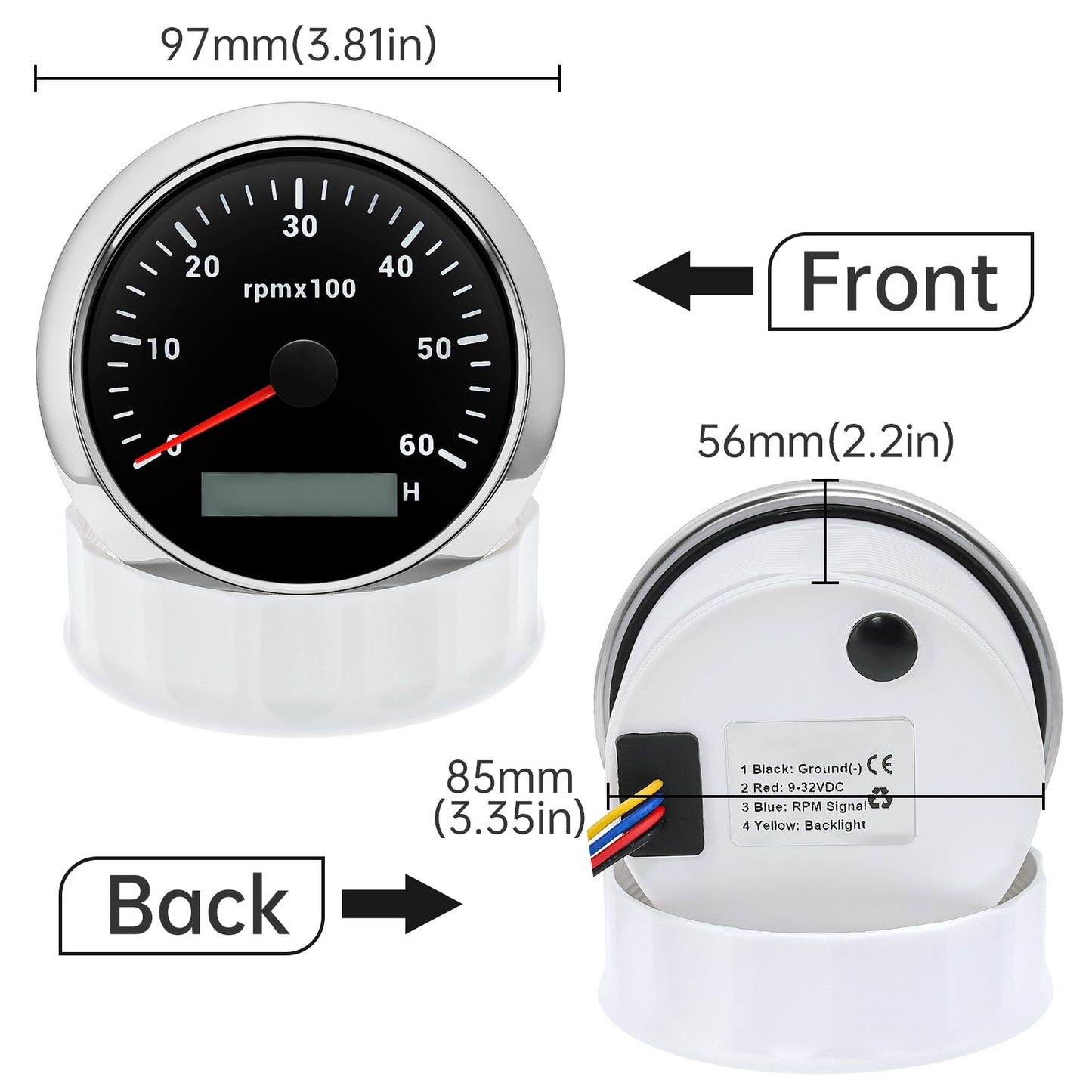 HD 85mm Tachometer With LCD Hourmeter 7 Color Backlight Tacho Gauge 3000 4000 6000 7000 8000 RPM For Marine Boat Car 12V/24V - KiwisLove