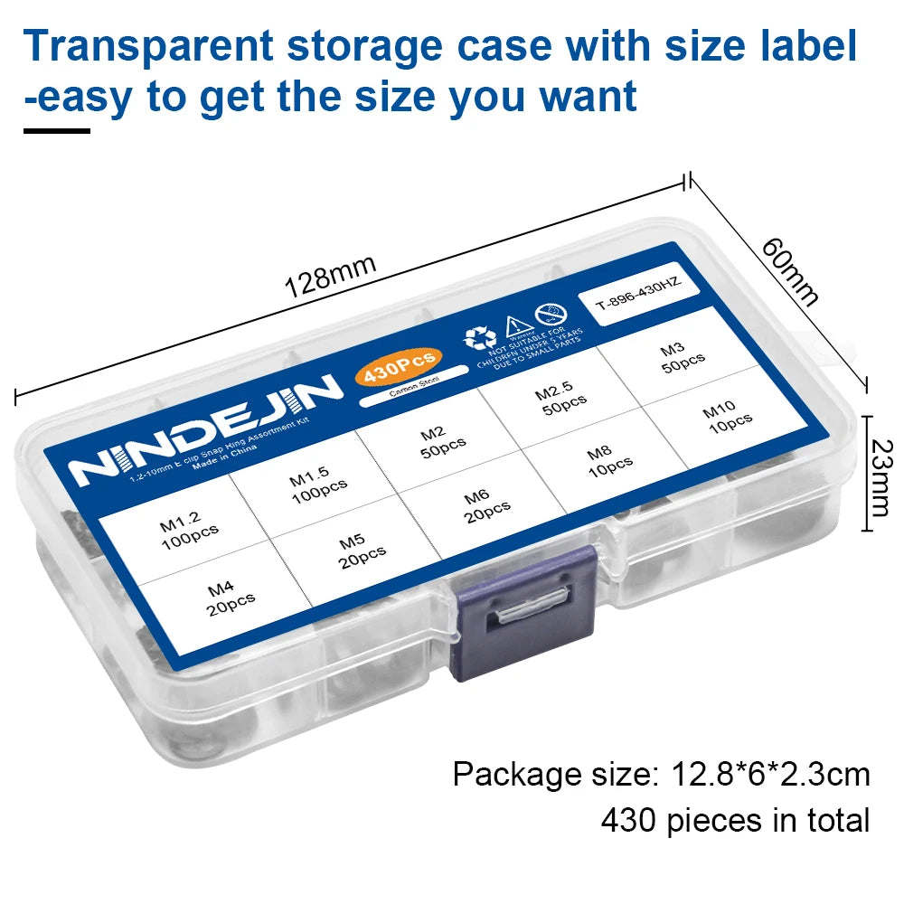 NINDEJIN 430pcs e-clip Assortment Kit M1.2-M10 Stainless Steel Carbon Steel Snap Ring Washer E-shaped External Retaining Ring - KiwisLove