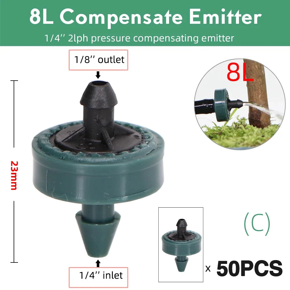 50PCS 2L 4L 8L/H Pressure Compensation Dropper Agricultura Irrigation Emitter Garden Drip for 1/4' PE Hose Greenhouse Watering
