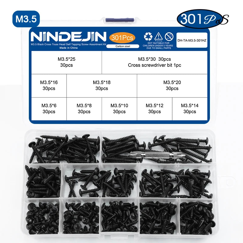 NINDEJIN Cross Truss Head Self Tapping Screw Set M3 M3.5 M4 M5 Black Plated Phillips Mushroom Head Machine Screw Assortment Kit