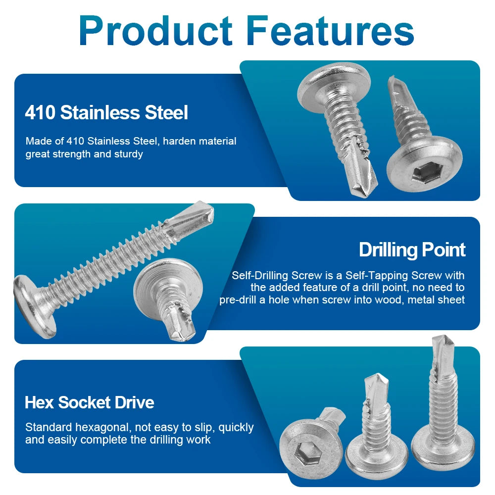 NINDEJIN 25pcs Flat Head Hexagonal Drill Tail Self-tapping Screw M5 410 Stainless Steel Allen Inverted Screw Drilling Tail Bolt