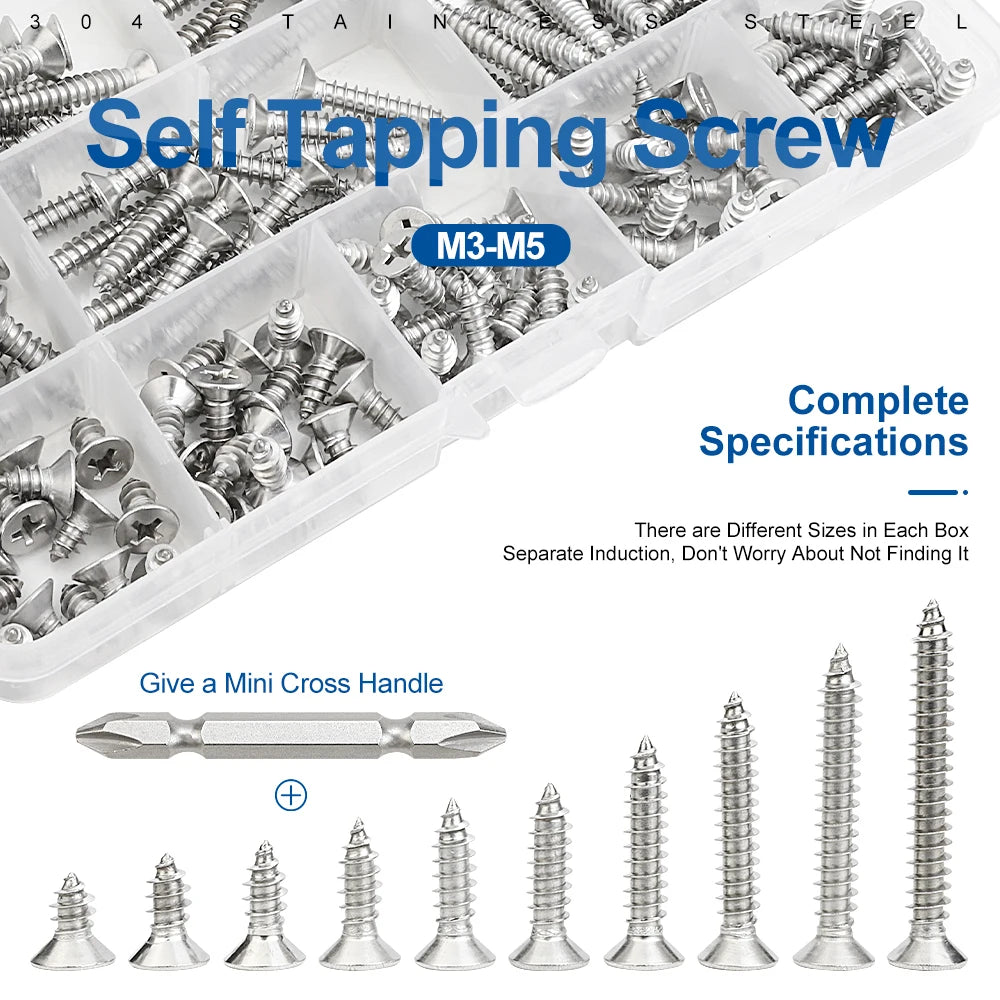 NINDEJIN Self Tapping Screw Set M3 M4 M5 Cross Flat Head Phillips Screw Assorted Kit Stainless Steel Wood Screw for metal sheet