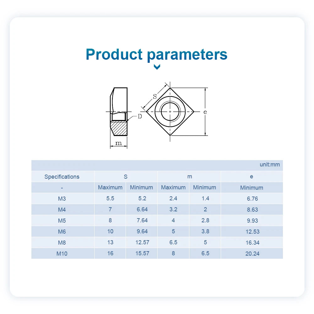 NINDEJIN 2-50pcs Metric Square Nuts M3 M4 M5 M6 M8 M10 Stainless Steel Standrad Din557