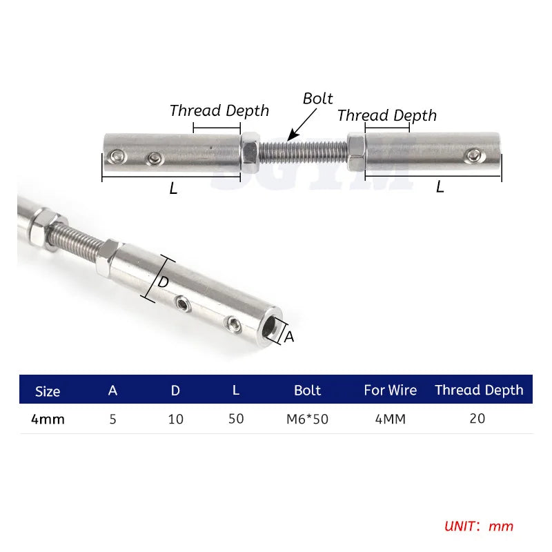SGYM 10PCS Wire Rope Thread Stud Tensioner 4mm 5/32'' Both End Fitting Handscrew Clamp with Screw Bolts For Cable Railing