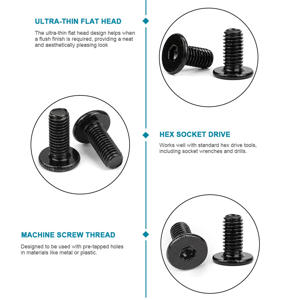 NINDEJIN Hex Socket Ultra Thin Flat Head Machine Screws Black 304 Stainless Steel M2 M2.5 M3 M4 M5 M6 M8 Allen Head Bolts