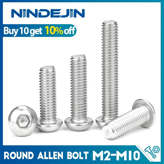 NINDEJIN M2 M2.5 M3 M4 M5 M6 M8 M10 Hexagon Hex Socket Button Head Screws Stainless Stee Round Head Allen Screw Bolts ISO7380
