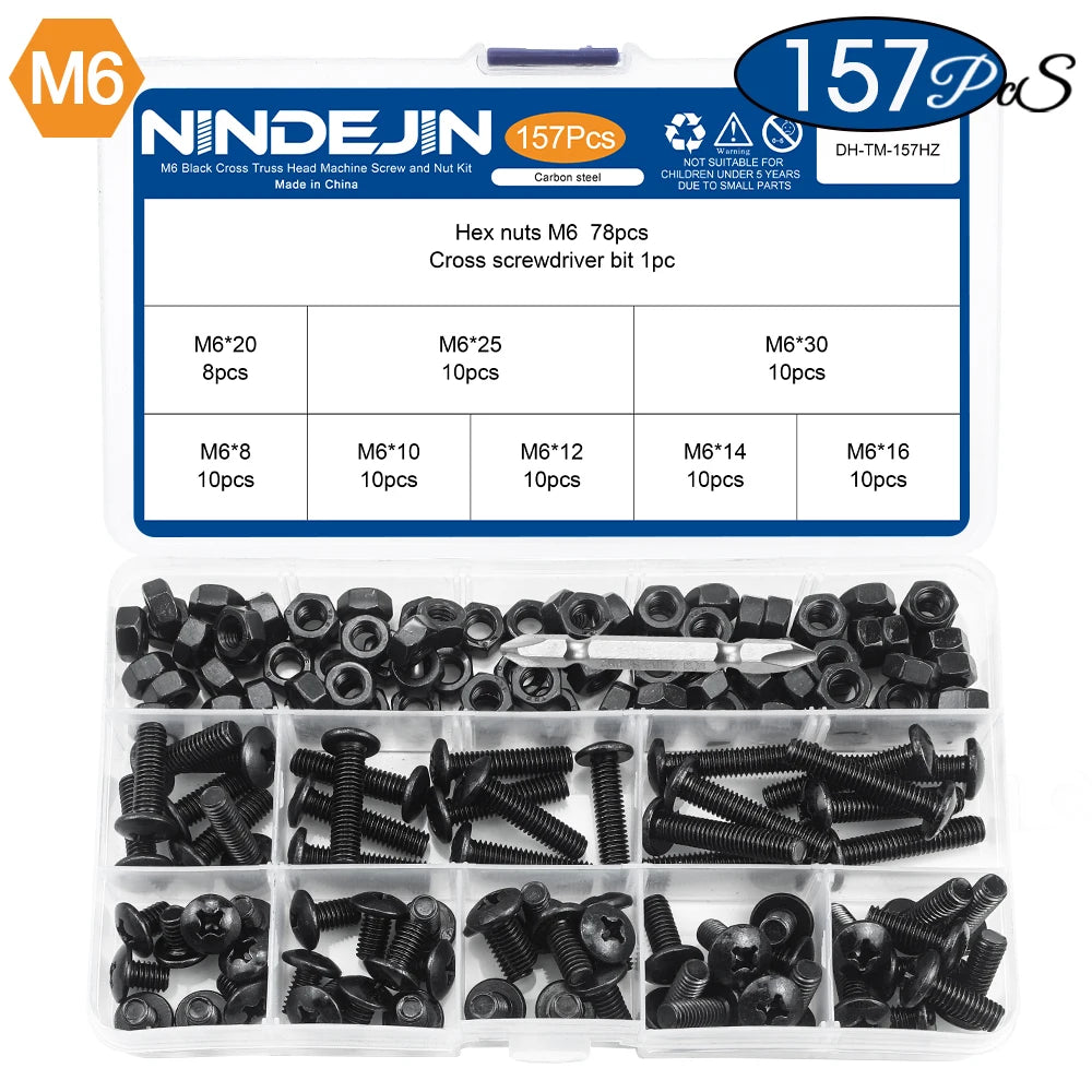 NINDEJIN Truss Head Machine Screw Kit M3 M4 M5 M6 Black Carbon Steel Mushroom Big Truss Head Phillips Machine Screw and Nut Set