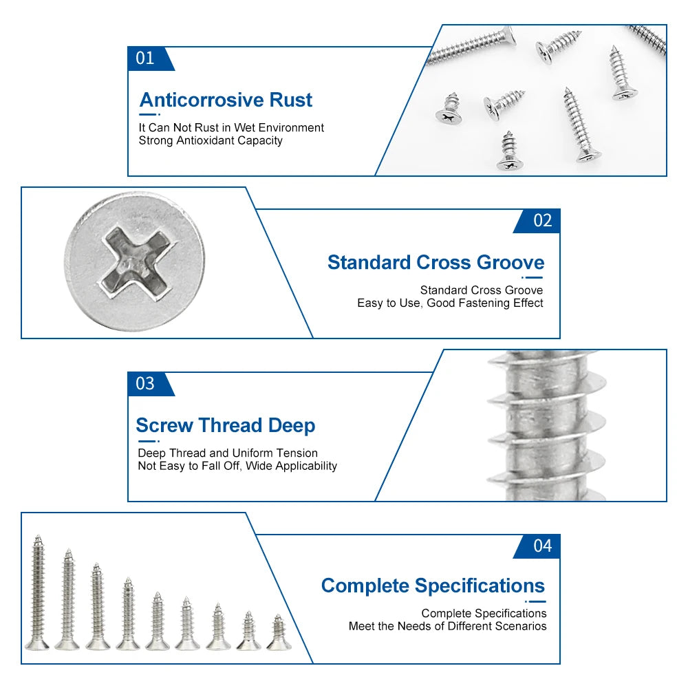 NINDEJIN Self Tapping Screw Set M3 M4 M5 Cross Flat Head Phillips Screw Assorted Kit Stainless Steel Wood Screw for metal sheet