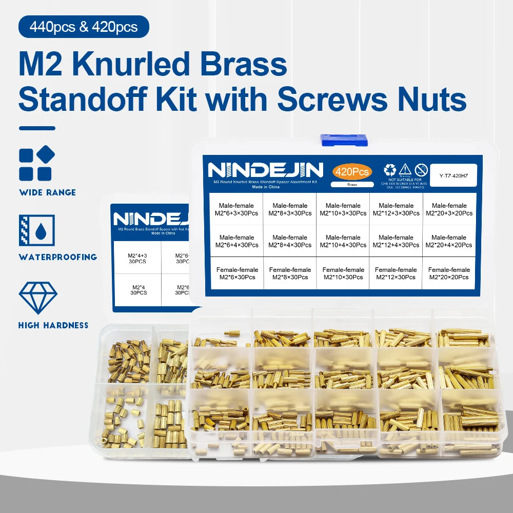 NINDEJIN 420/440Pcs Knurled Round Brass Standoff Spacer Kit M2 Male-Female Round Motherboard Pcb Standoff with Screws Nuts Set