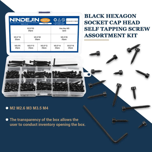NINDEJIN Hex Socket Cap Head Self Tapping Screw Set M2 M2.6 M3 M3.5 M4 Carbon Steel Allen Head Tapping Screw Assortment Kit
