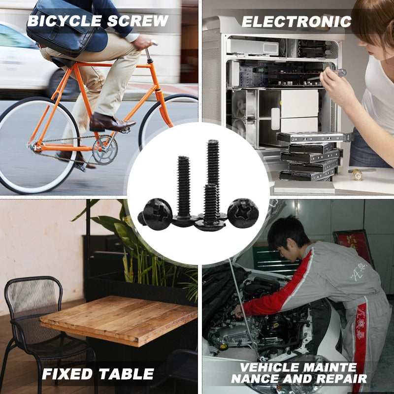 NINDEJIN Truss Head Machine Screw Kit M3 M4 M5 M6 Black Carbon Steel Mushroom Big Truss Head Phillips Machine Screw and Nut Set