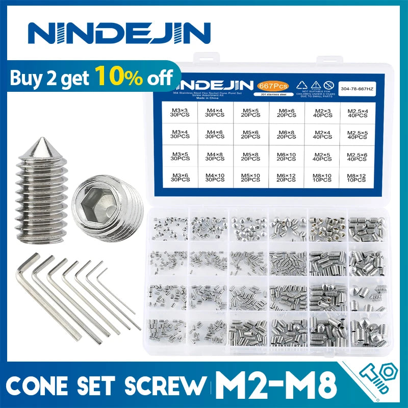 NINDEJIN Hexagon Socket Set Screw Kit Cone Point Stainless Steel Headless Grub Screw Assorment Kit M2 M2.5 M3 M4 M5 M6 M8