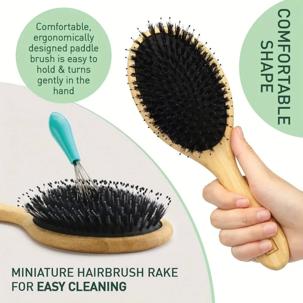 Natural Boar Bristle Hair Brush Bamboo Handle Scalp Massage Comb Anti-static Hair Comb Gasbag Detangling Hair Brush Styling Tool - KiwisLove