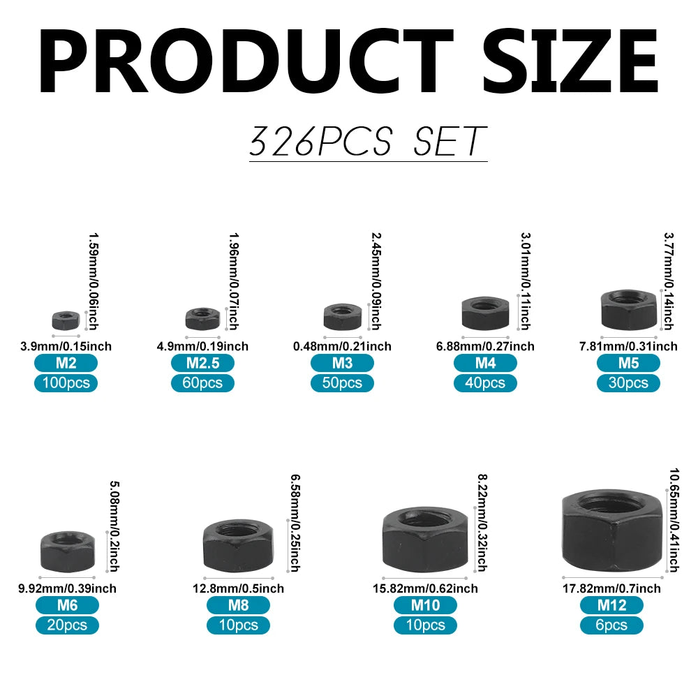 NINDEJIN 326pcs Metric Black Hex Nuts Assortment Kit 8.8 Grade Carbon Steel M2 M2.5 M3 M4 M5 M6 M8 M10 M12 Hexagon Nut Set