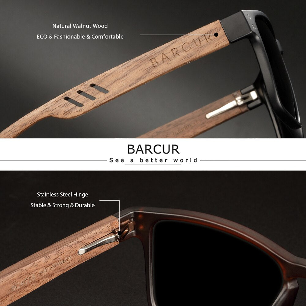 BARCUR Original Design Wooden Sunglasses Polarized Luxury Brand Square Sun Glasses Fashion Light Weight Eyewear Accessory - KiwisLove