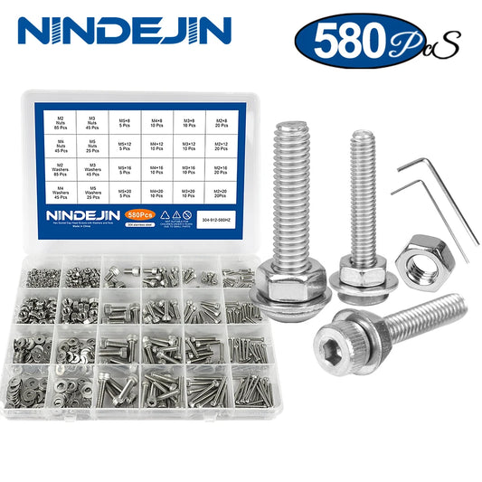 NINDEJIN 580Pcs/Set Hex Socket Cap Head Screw Nut Set Stainless Steel M2 M3 M4 M5 Hexagon Flat Round Cap Head Screw Assorted Kit