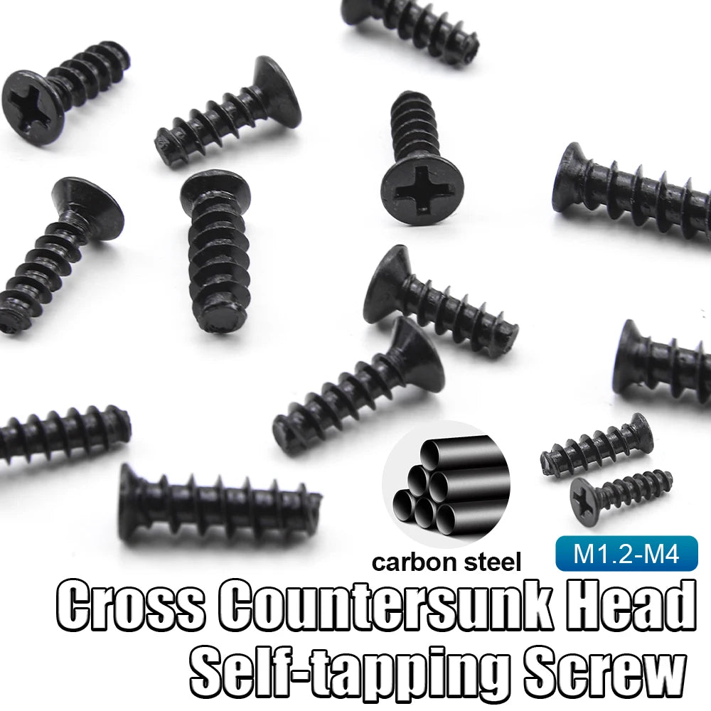 50-100pcs Cross Flat Head Self-tapping Screw Flat Tail M2 M2.3 M2.6 M3 M4 Black Plated Steel Phillips Tapping Screw for Plastic