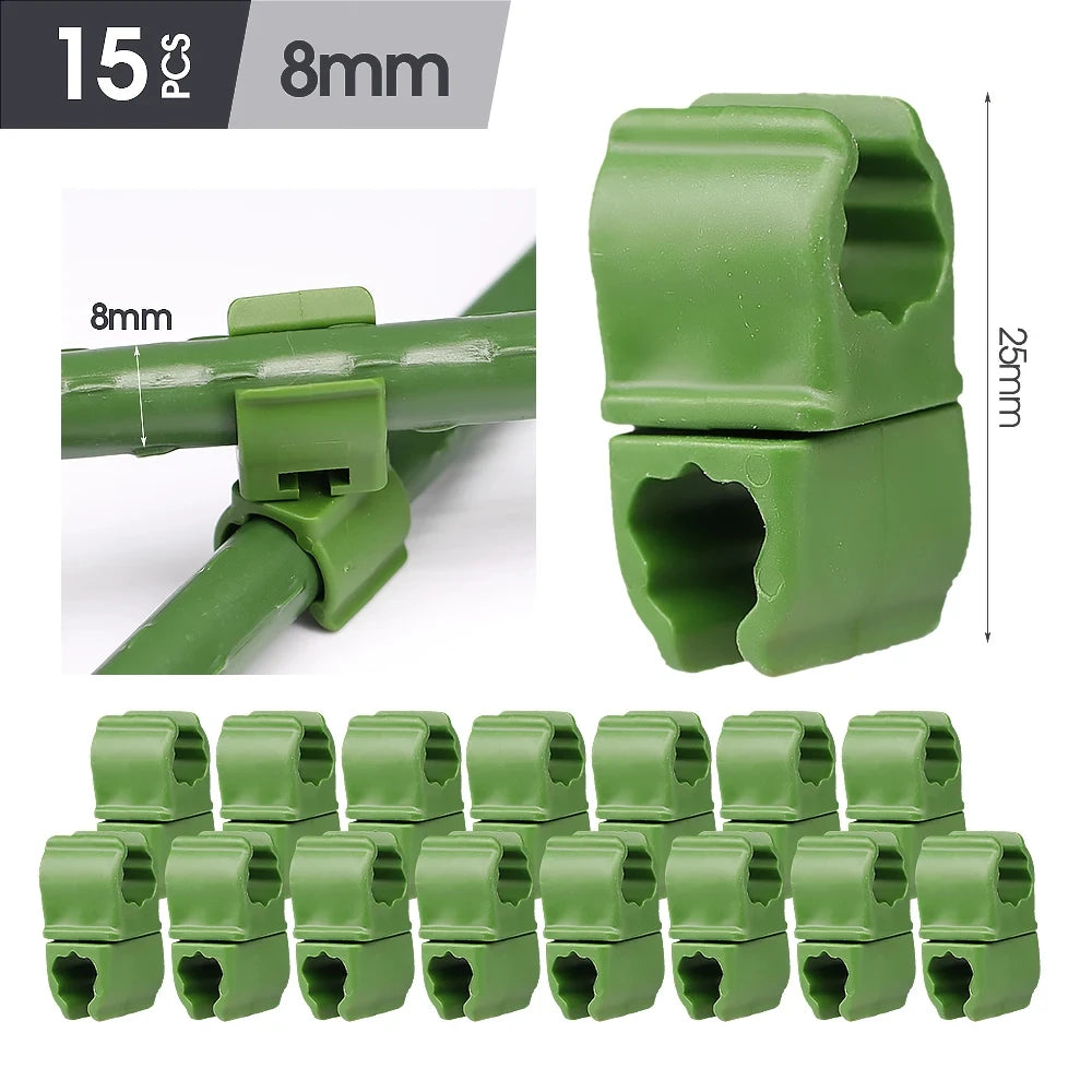 15pcs Green 8/11/16/20mm Garden Cross Clip Plastic Fastener Plant Support Connecter Clamp Rod Adjustable or Fixed Buckle Trellis