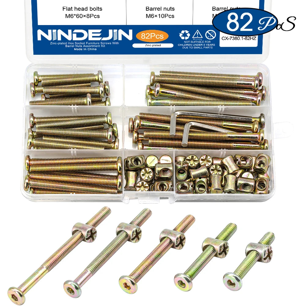 82pcs/set M6 Hex Socket Head Cap Furniture Screws Bolts zinc plated Baby Bed Bolts and Barrel Nuts Assorted Kit for Crib Cabinet