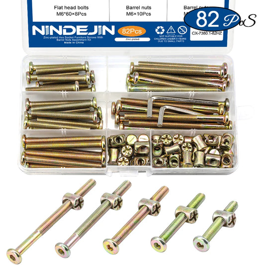 82pcs/set M6 Hex Socket Head Cap Furniture Screws Bolts zinc plated Baby Bed Bolts and Barrel Nuts Assorted Kit for Crib Cabinet
