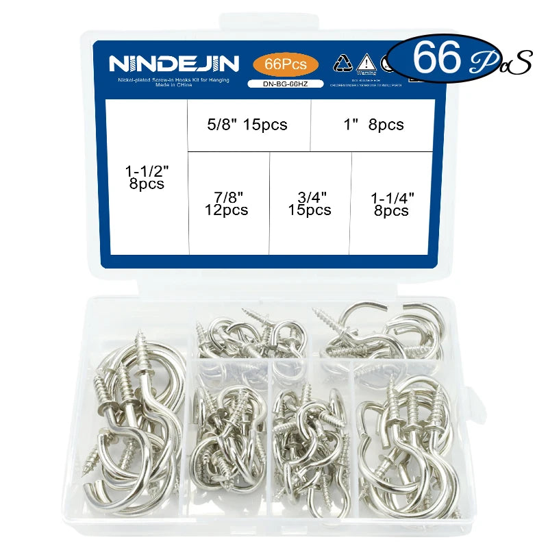 NINDEJIN 66pcs Heavy-duty Screw Hooks Kit Carbon Steel Screw-in Hook Hanger Ceil Cup Hook for Hanging Mug Plant Decorative Screw