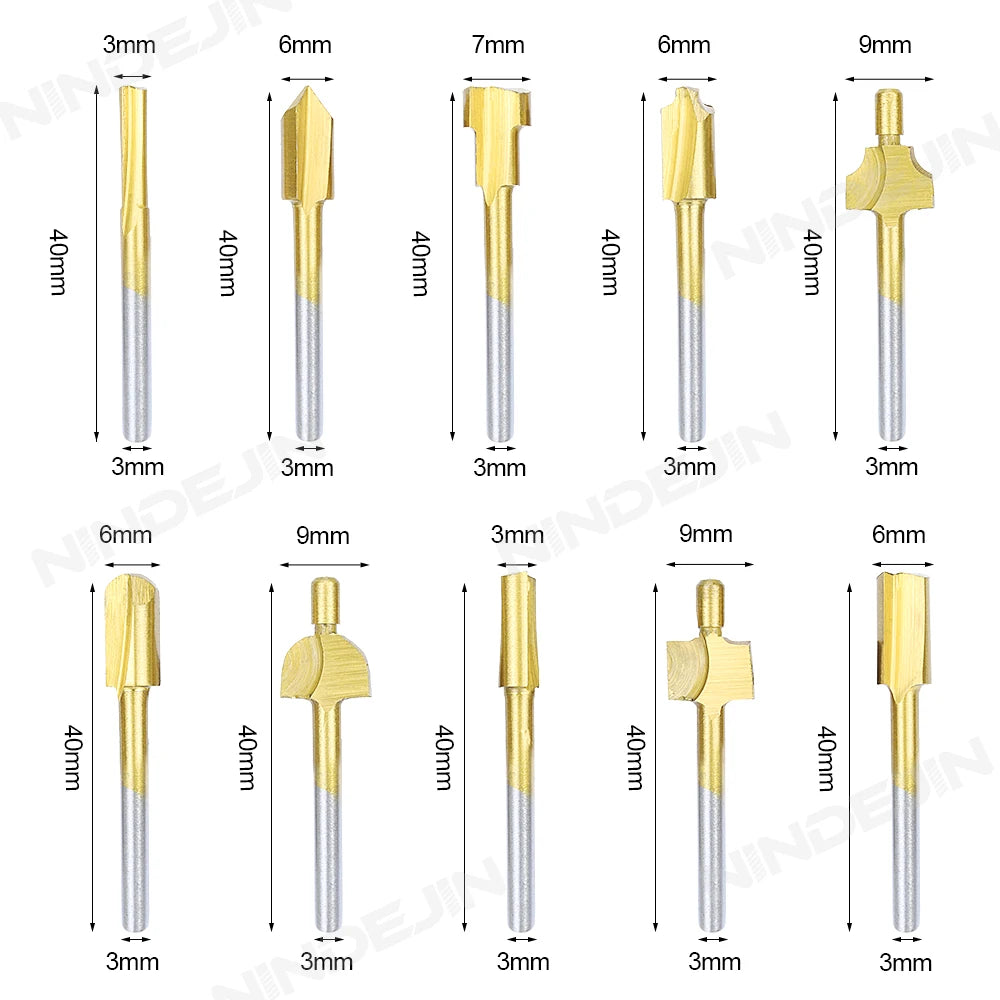 NINDEJIN 10pcs HSS Router Bit Set Wood Cutter Milling Fits Titanium 1/8" Shank Dremel Accessory Engraving Carpenter Rotary Tools - KiwisLove