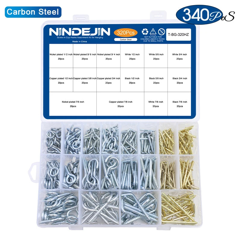 NINDEJIN 66/100/320/340pcs Screw Hook Kitchen Cup Ceiling Hook Kit Eye Screw Bend Hook Kit for Wood Wall Hanging