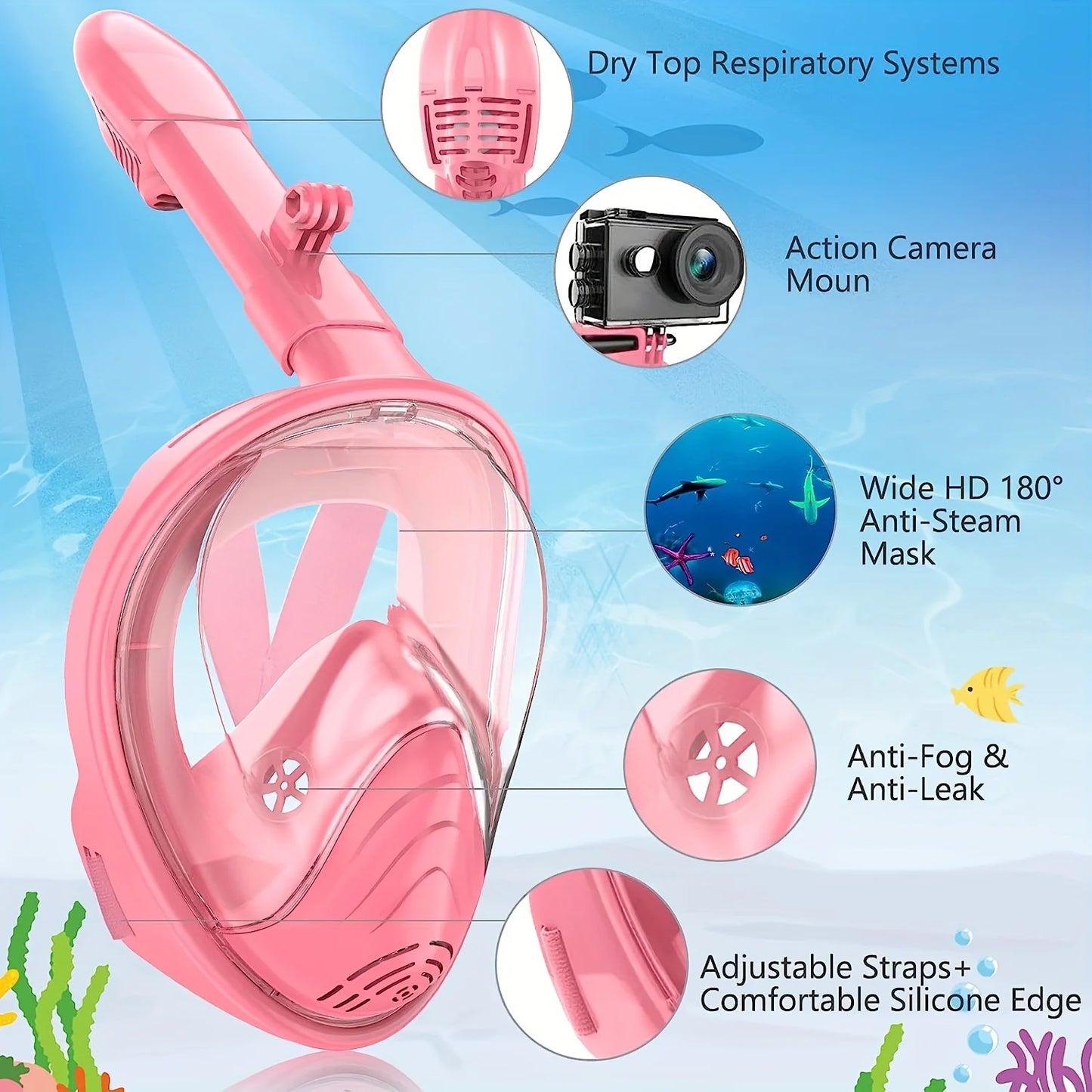 Kids Snorkel Mask  Anti-Fog Leak-Proof Soft Silicone Design Easy to Wear Diving Mask Underwater Scuba Full Face  360° Panoramic