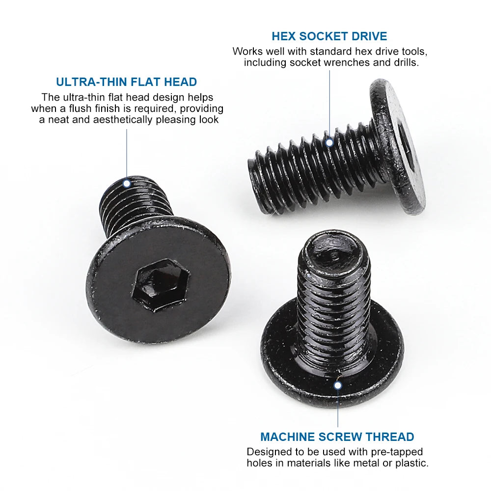 Hexagon Allen Ultra Thin Flat Head Bolt 10.9 Grade Black Plated Steel M2 M3 M4 M5 M6 M8 Hex Socket Ultra Thin Wafer Head Screw