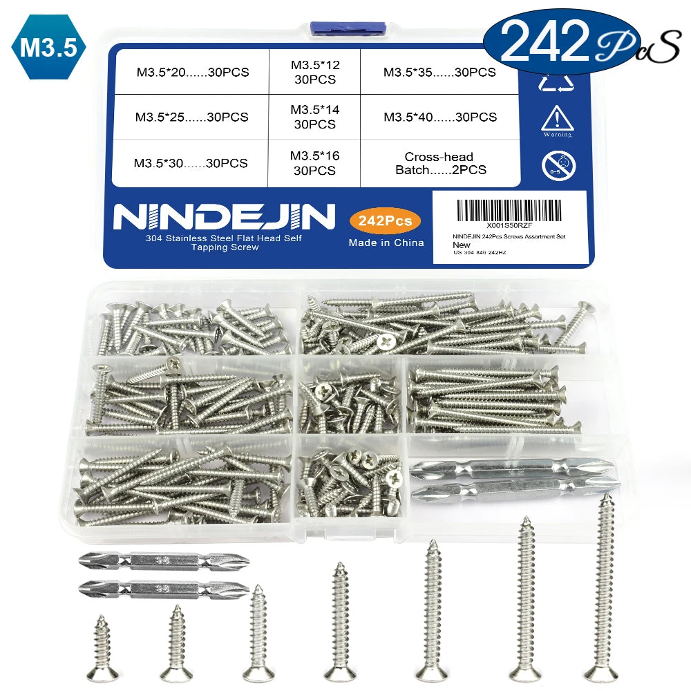 NINDEJIN Self Tapping Screw Set M3 M4 M5 Cross Flat Head Phillips Screw Assorted Kit Stainless Steel Wood Screw for metal sheet