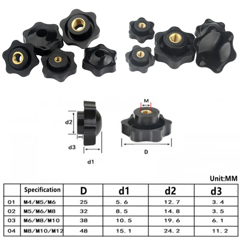 1/5Pcs Plum Nut Mechanical Black Thumb Nut Knob Manual Nut Thermoplastic Brass Thread With and Without Holes M4/M5/M6/M8/M10/M12