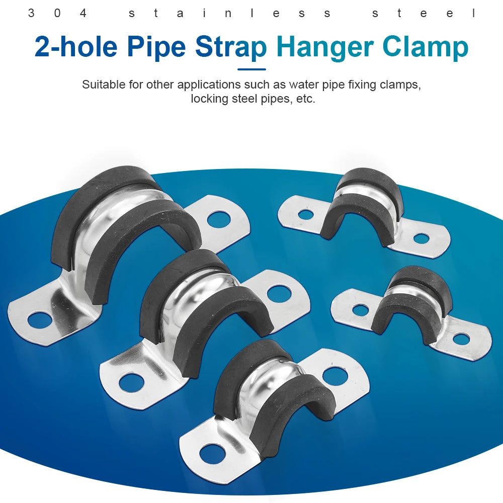 NINDEJIN 2/5/10pcs Stainless Steel 2-hole Pipe Clamps with Insulated Rubber Pipe Strap Hanger Clamp for Rigid Pipes Hoses Cables