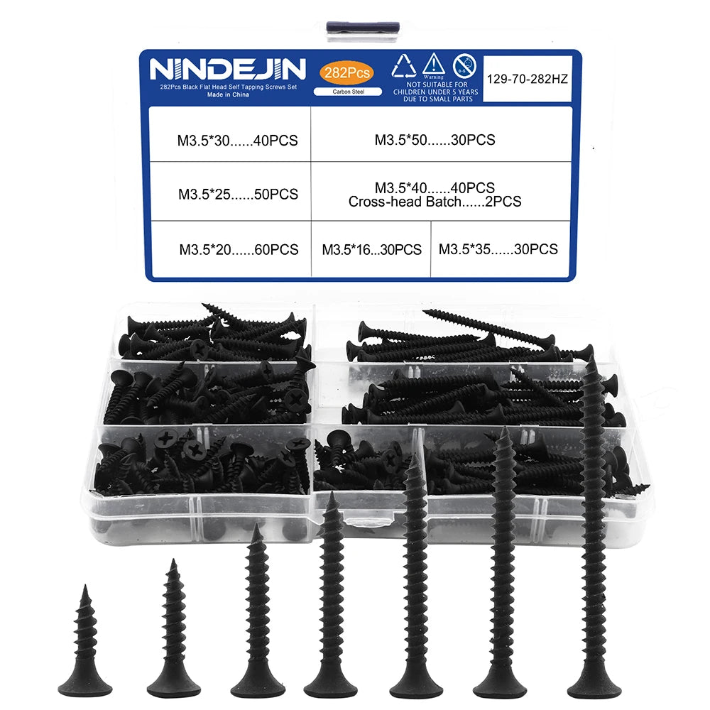 NINDEJIN 282pcs Drywall Screws Kit M3.5 Self Tapping Screws Set with Phillips Screwdriver Bits for Drywall Sheetrock, Wood