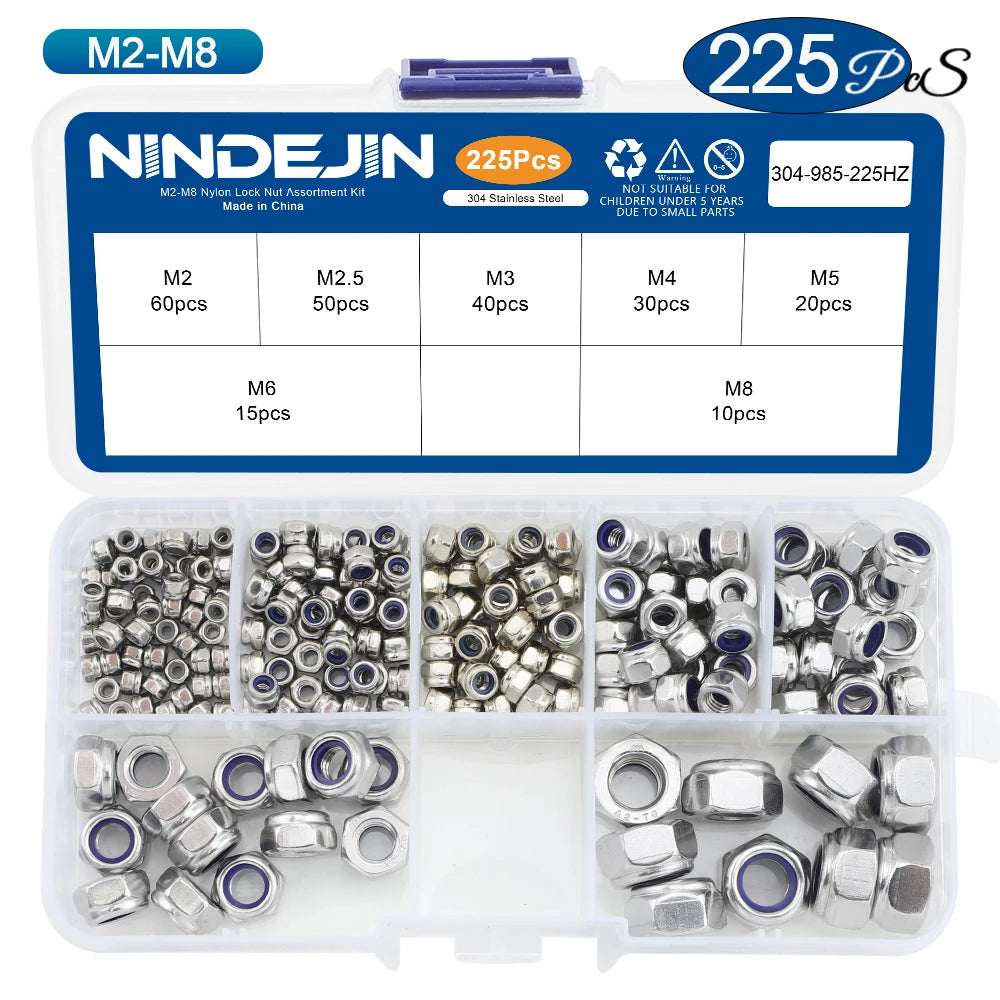 NINDEJIN Nylon Lock Nut Set Black Zinc Plated Carbon Steel M2-M12 Hexagon Locknut Self Locking Nut Assortment Kit DIN985