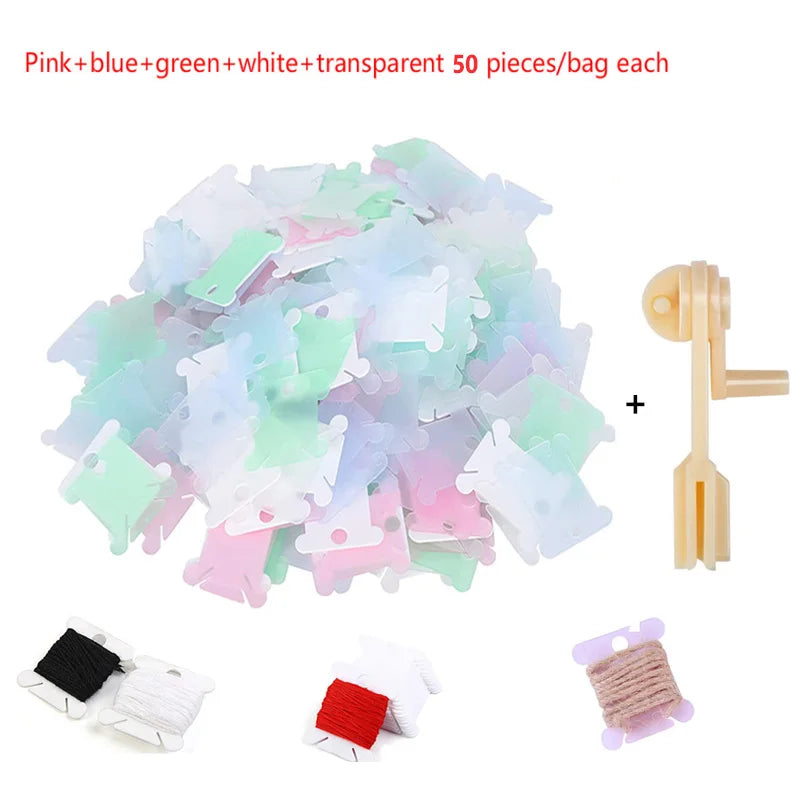 Plastic Floss Bobbins with Floss Bobbin Winder Cross-Stitch Card Thread Holder DIY Embroidery Floss Organizer Sewing Accessories