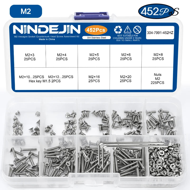 NINDEJIN Hex Hexagon Socket countersunk head screw kit m2 m2.5 m3 m4 m5 m6 stainless steel flat head bolt and nut screw set