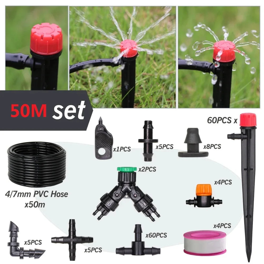 1/4'' Drip Irrigation System Hose Kit Adjustable 13CM Sprinkler Kit for Garden Flowers Greenhouse Vegetable Indoor Pots System