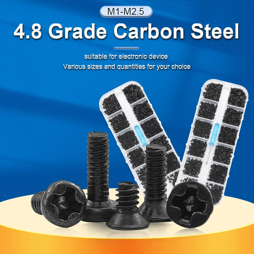 NINDEJIN Cross Phillips Mini Laptop Screw Set M1 M1.2 M1.4 M1.7 M2 M2.5 Black Micro Electronic Screw Kit for Computer Phone