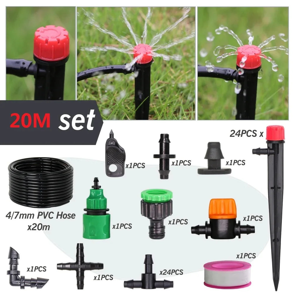 1/4'' Drip Irrigation System Hose Kit Adjustable 13CM Sprinkler Kit for Garden Flowers Greenhouse Vegetable Indoor Pots System
