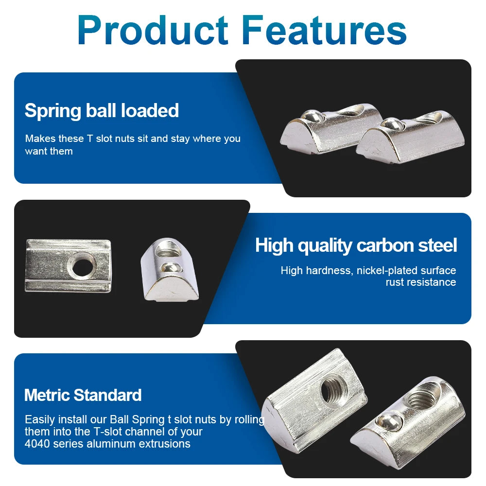 NINDEJIN Sliding T Slot Nuts Spring Ball Loaded Carbon Steel Roll-in T Nuts for 3D Printer 20 30 40 45 Series Aluminum Profile