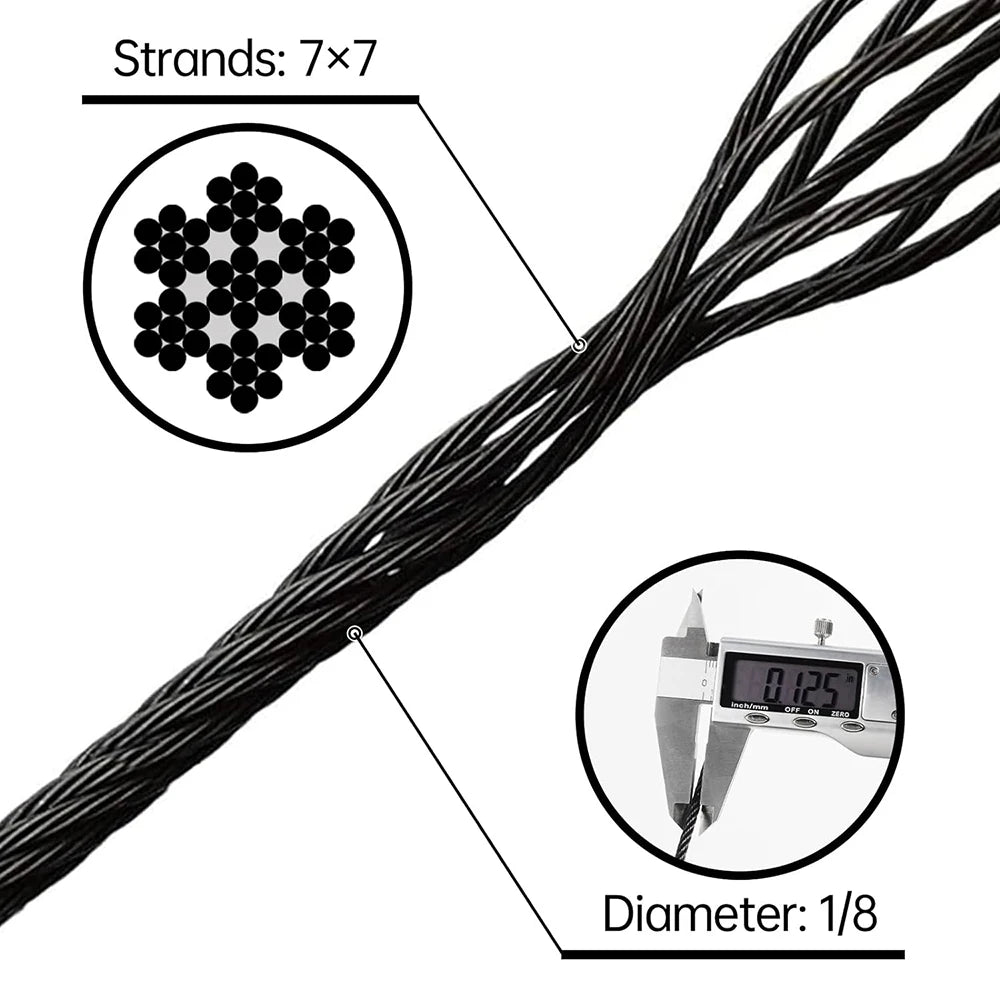30M/50M Black T316 Stainless Steel Cable1/8‘' Wire Rope Aircraft Cable for Cable Railing 7x7 DIY Balusters Stair With Cutting
