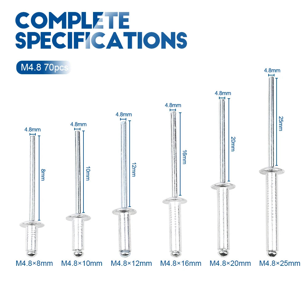 NINDEJIN Aluminium Blind Rivets Kit M3.2 M4 M4.8 Dome Head Aluminium Pop Rivets Assortment Kit Exhaust Rivets Set