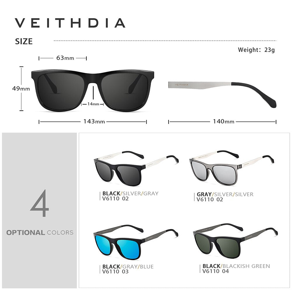 VEITHDIA Sunglasses Square Retro Vintage Polarized UV400 Lens Eyewear Sun Glasses For Men/Women 6110 -Stainless Steel + TR90 - KiwisLove