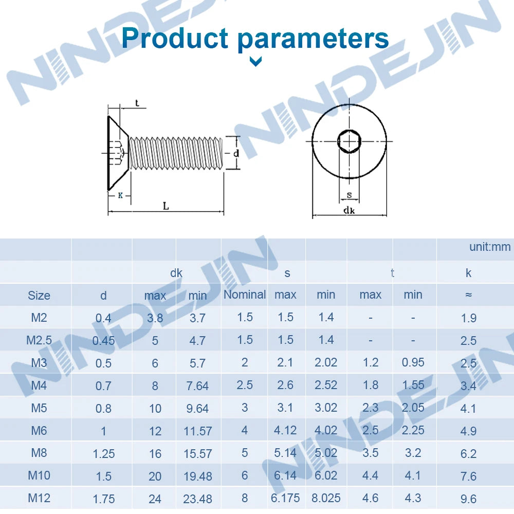 NINDEJIN Hexagon Socket Flat Head Screw Carbon Steel M1.6 M2 M2.5 M3 M4 M5 M6 M8 M10 M12 Allen Bolts Machine Screw